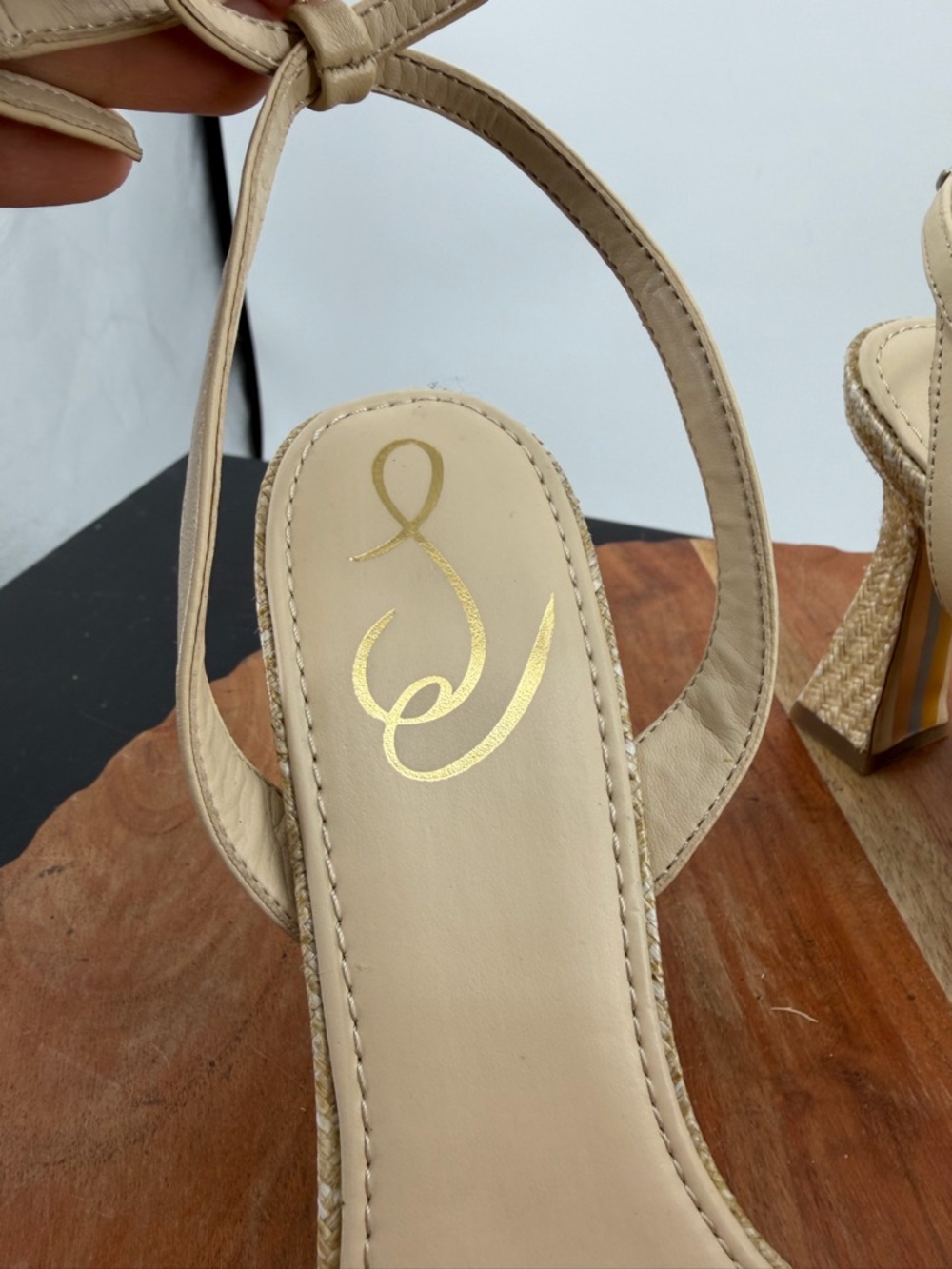 Sam Edelman Clare heel Sandals square toe raffia pom-pom ankle strap 6.5 - Picture 6 of 11